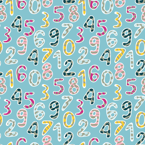 seamless childish vector pattern with colorful dotted and striped numbers on a blue background - Вектор,изображение