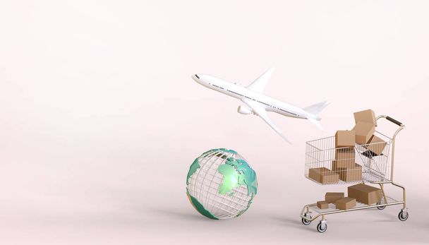 Концепция электронной коммерции и доставки услуг связи и доставки самолетов с миром на красный пастельный фон - 3d рендеринг
 - Фото, изображение