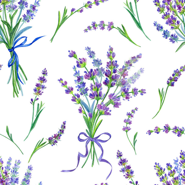 Seamless pattern from lavender on white background, watercolor illustration. - Foto, Imagem