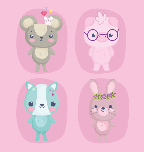 cute animals, little mouses pig with glasses cat and rabbit with flowers cartoon - Vector, Image