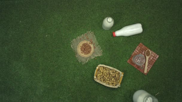 Peanut milk. Top view. Slow motion 2x. Peanut milk and peanuts on the lawn. A male hand puts a jug of milk on the grass. - Footage, Video