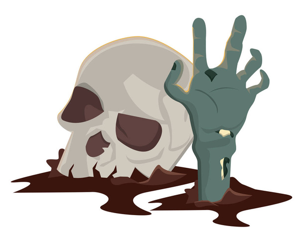 cabeza del cráneo de Halloween con mano de zombie
 - Vector, imagen