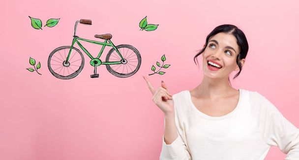 Eco bicycle with young woman - Zdjęcie, obraz