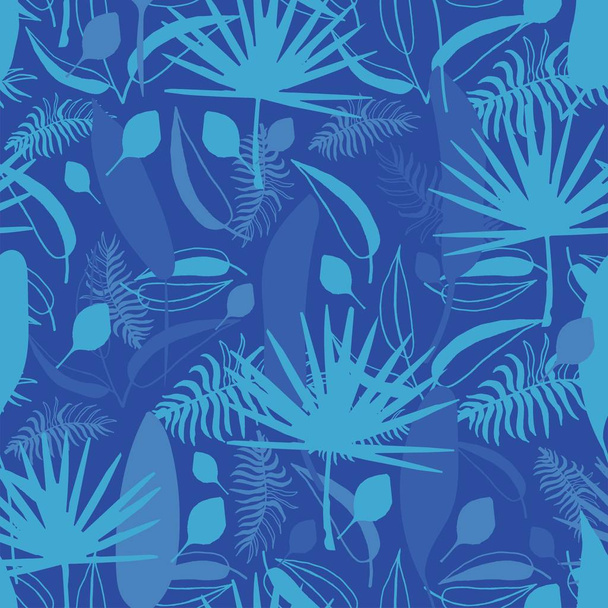 Bezproblémový exotický vzor s tropickými rostlinami modré umělecké pozadí. Moderní abstraktní design pro papír, obal, tkaniny, interiérové dekorace a další uživatele. Africká květina. Design textil, tapety. - Vektor, obrázek