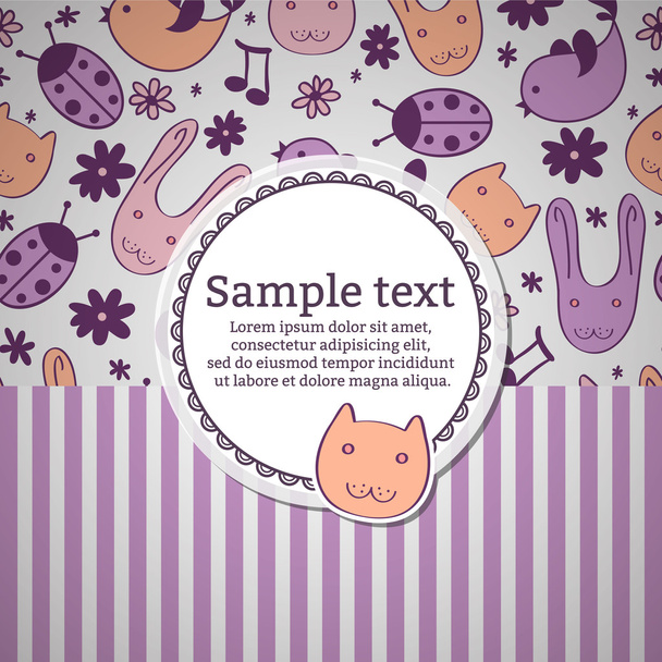 Card with cute animal doodles - Vector, imagen