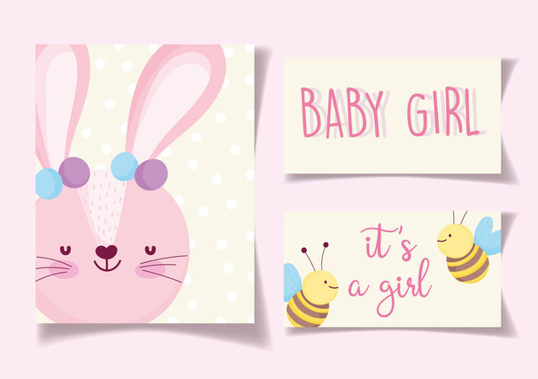 boy or girl, gender reveal its a girl cute rabbit bees greeting card. - Vector, imagen