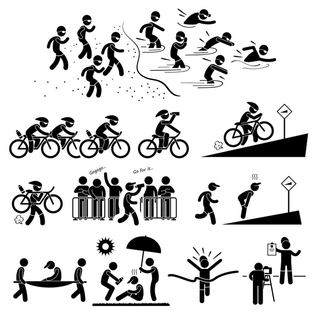 Triatlón Maratón Natación Ciclismo Deportes Running Stick Figura Pictograma Icono Símbolo - Vector, Imagen
