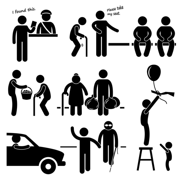 vriendelijke goedhartige welgemanierdheid helpen mensen stok figuur pictogram pictogram - Vector, afbeelding
