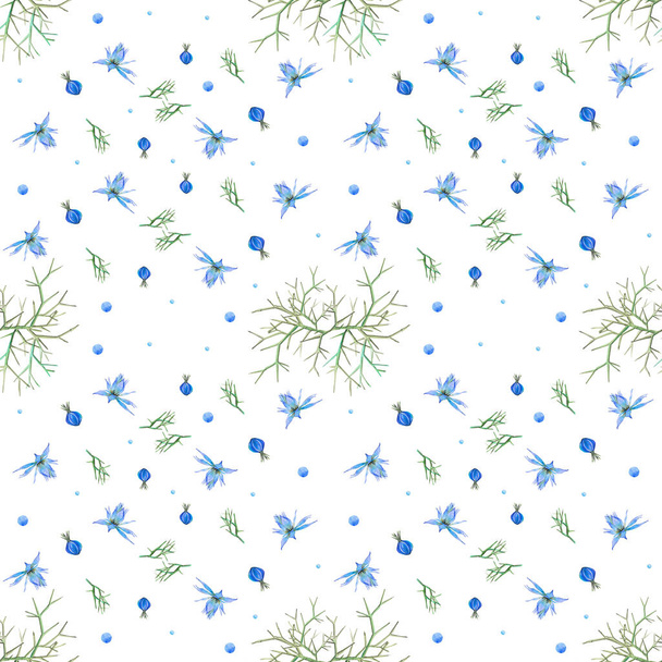 Aquarel naadloos geometrisch patroon van blauwe nigella bloemen en bladeren. Naadloze patronen op een witte achtergrond - Foto, afbeelding