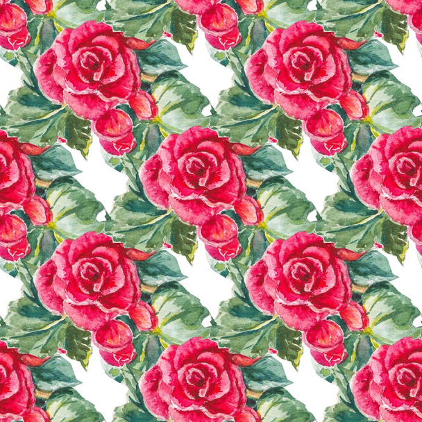 Red begonia flowers with leaves on white background. Seamless floral pattern. - Foto, Bild
