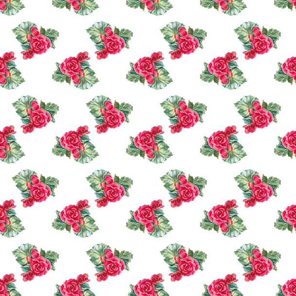 Red begonia flowers with leaves on white background. Seamless floral pattern. - Фото, зображення