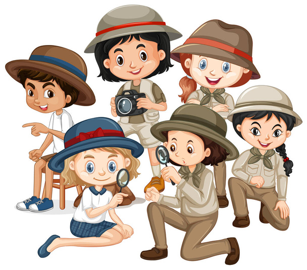 Muchos niños en uniforme marrón haciendo cosas diferentes
 - Vector, Imagen