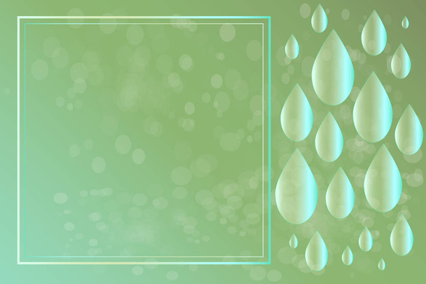 Green background with drops, banner or label frame, bokeh and copy space. Template border. Blurred soft focus bokeh of bright green color background with decorative drops and frame banner. Vector - Vector, Image