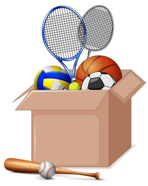 白い背景にスポーツ用品でいっぱいの段ボール箱 - ベクター画像