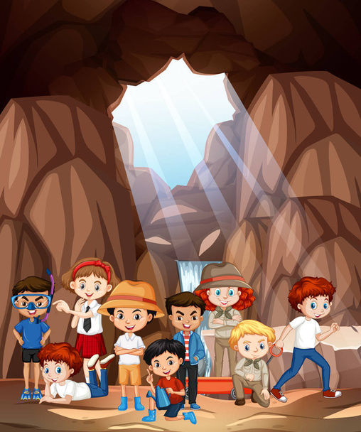 Σκηνή με πολλά παιδιά στη σπηλιά - Διάνυσμα, εικόνα
