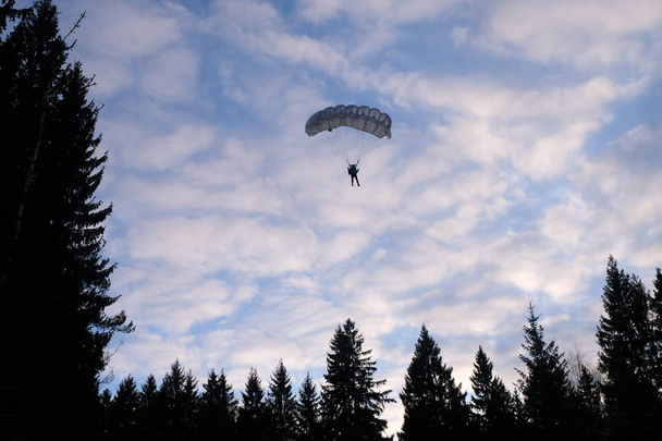 Genauigkeit Fallschirmspringen. Fallschirmspringer landet im Wald. - Foto, Bild