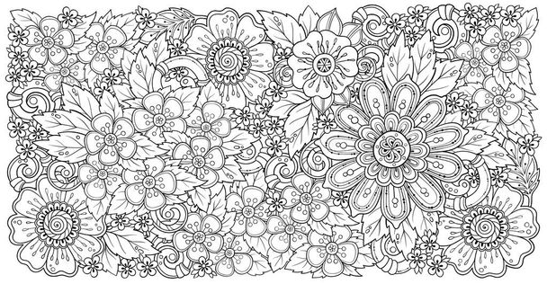 Mix doodle flowers drawing vector illustration and clip-art. Cherry blossom, poppy, stylish floral pattern for adult coloring or bullet journal page. - ベクター画像