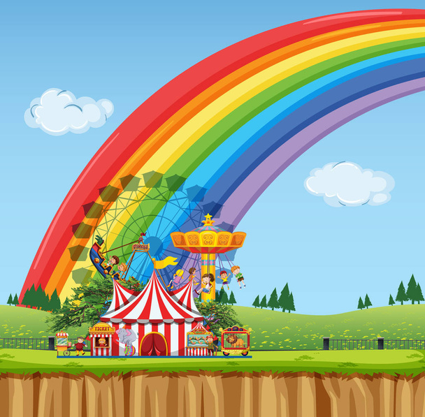 Circus scene met tent en vele attracties - Vector, afbeelding