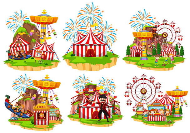 Šest scén cirkusu s lidmi a vyjížďky - Vektor, obrázek