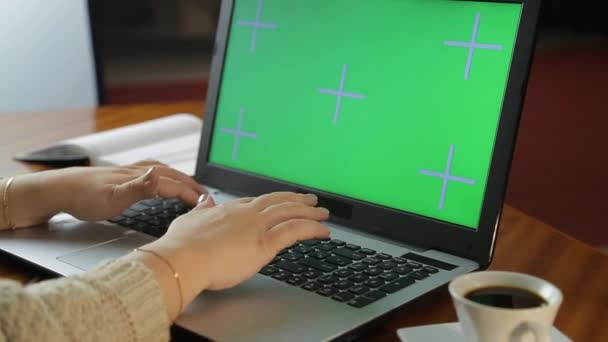 Female hands are typing on a computer keyboard in an office - Materiał filmowy, wideo