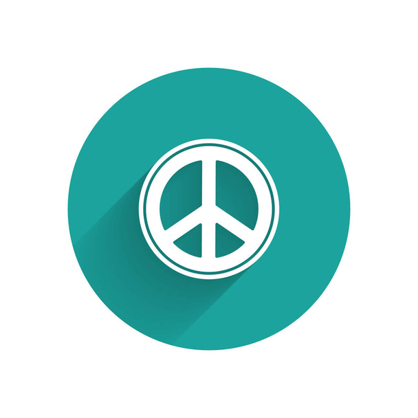 Ikona Bílého míru izolovaná s dlouhým stínem. Hippie symbol míru. Zelený knoflík. Vektorová ilustrace - Vektor, obrázek