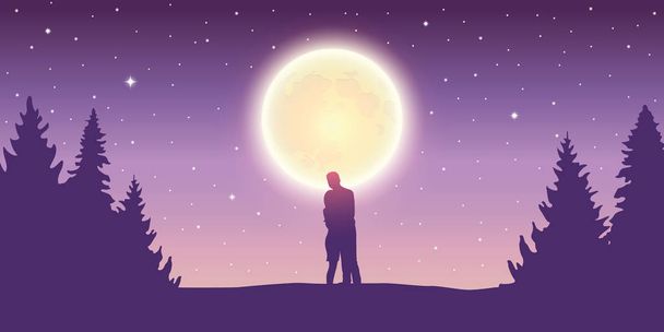 couple looks to the full moon in forest landscape at night - Vector, Image