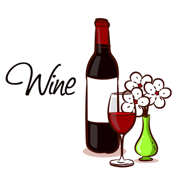 Butelka wina ze szklanką i wazon ze stokrotkami. Może być stosowany do ilustracji lub logo wina. - Wektor, obraz