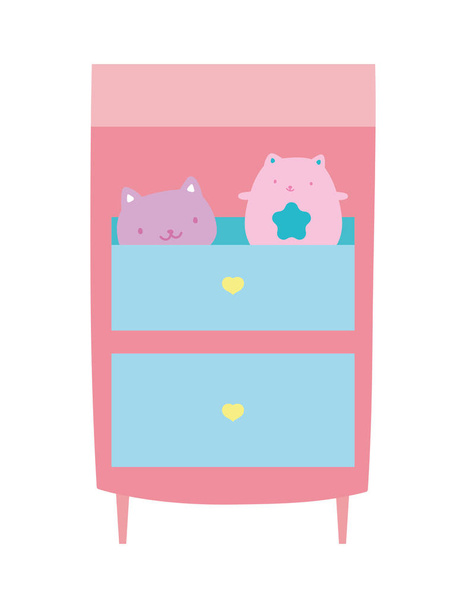 wooden drawers with toys cats on white background - Vector, Imagen