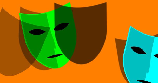 オレンジ色の背景にカラフルなカーニバルマスクのセット。身元をカモフラージュして顔を隠す劇場、古いコメディ。神秘的な香りのイラスト。隠された本質。影絵効果. - 写真・画像