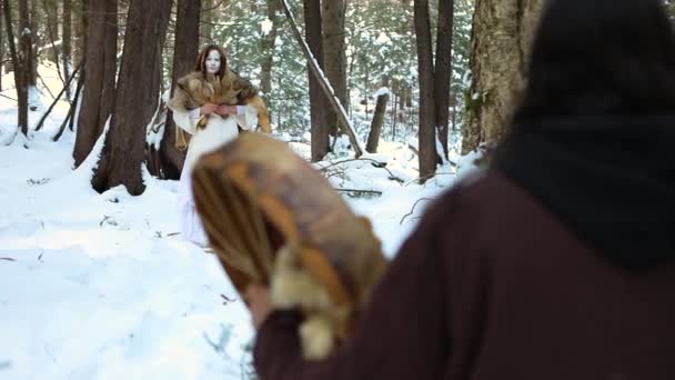 Mystical shaman healer in winter forest - Footage, Video