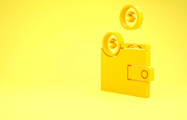 Monedero amarillo con icono de monedas aislado sobre fondo amarillo. Icono del bolso. Símbolo de ahorro. Concepto minimalista. 3D ilustración 3D render - Foto, imagen