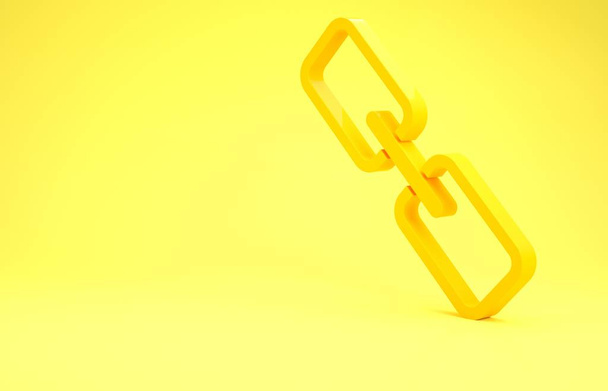 黄色の背景に隔離された黄色のチェーンリンクアイコン。リンク・シングルハイパーリンクチェーンシンボル。最小限の概念。3Dイラスト3Dレンダリング - 写真・画像