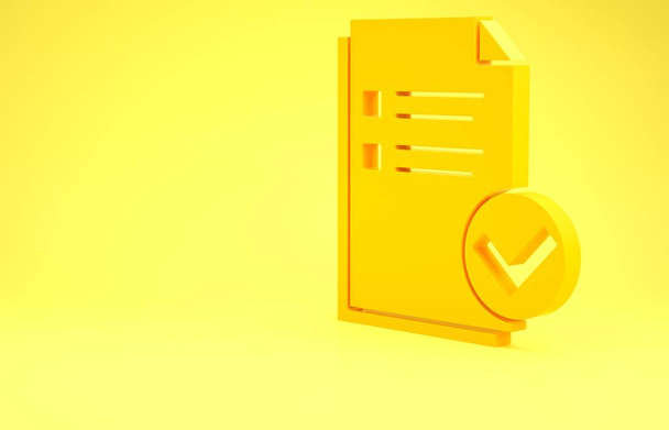 Žlutý dokument a zaškrtněte ikonu izolovanou na žlutém pozadí. Ikona seznamu. Obchodní koncept. Minimalismus. 3D ilustrace 3D vykreslení - Fotografie, Obrázek