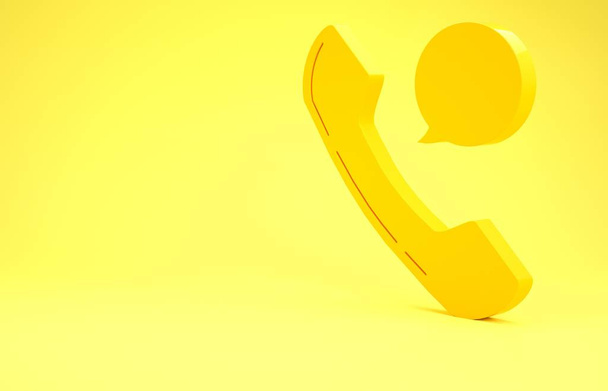 Żółty Telefon słuchawkowy i ikona czatu bańki mowy izolowane na żółtym tle. Znak telefonu. Koncepcja minimalizmu. Ilustracja 3d - Zdjęcie, obraz