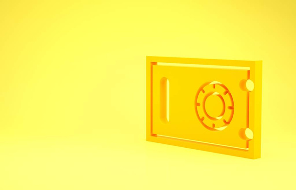 黄色の背景に隔離された安全なアイコン。ドアは金庫室を金庫と組み合わせてロックしてる。信頼性の高いデータ保護。最小限の概念。3Dイラスト3Dレンダリング - 写真・画像