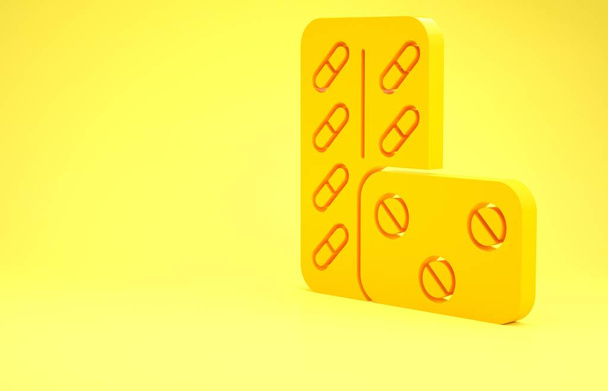 Pastillas amarillas en blister icono del envase aislado sobre fondo amarillo. Paquete médico para tabletas, vitaminas, antibióticos, aspirina. Concepto minimalista. 3D ilustración 3D render
 - Foto, imagen