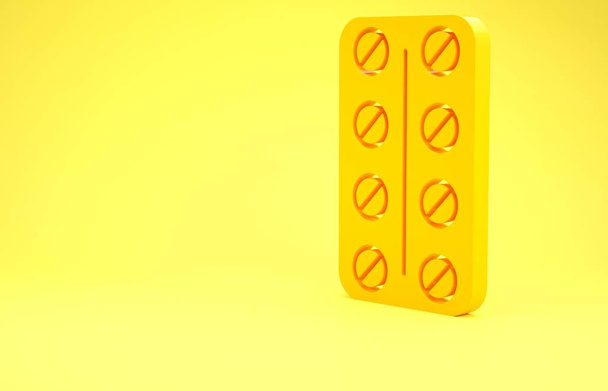 Yellow Pills in blister pack icon isolated on yellow background. Medical drug package for tablet, vitamin, antibiotic, aspirin. Minimalism concept. 3d illustration 3D render - Foto, afbeelding