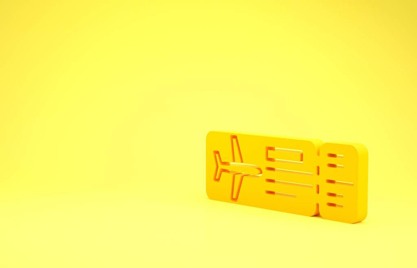 Ikona žlutých letenek izolovaná na žlutém pozadí. Letenka. Minimalismus. 3D ilustrace 3D vykreslení - Fotografie, Obrázek