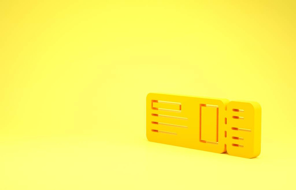 黄色の背景に隔離された旅行のチケットアイコン。列車、船、飛行機、トラム、バス輸送。旅行サービスの概念。最小限の概念。3Dイラスト3Dレンダリング - 写真・画像