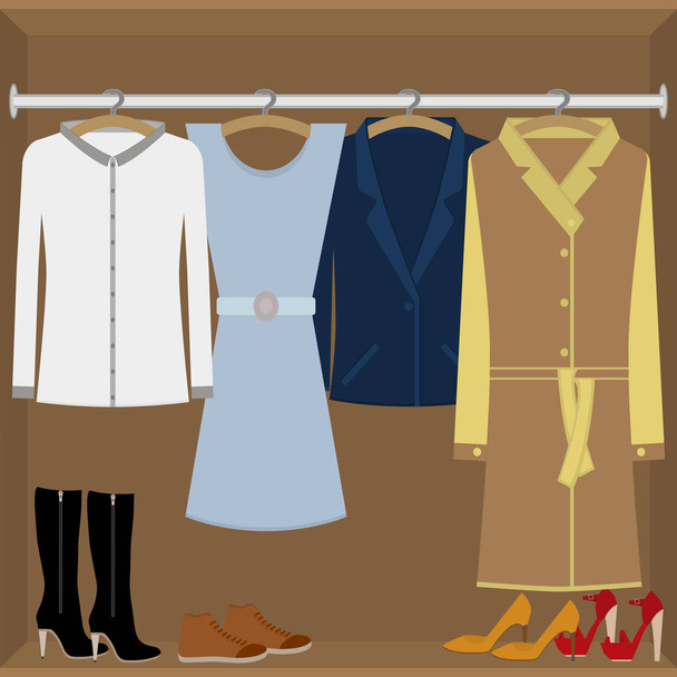 Women's wardrobe. Women's clothing and shoes in the closet. Vector isolated illustration in flat style. Including shirt, dress, suit, coat, high black boots and red shoes.  - Vector, Image