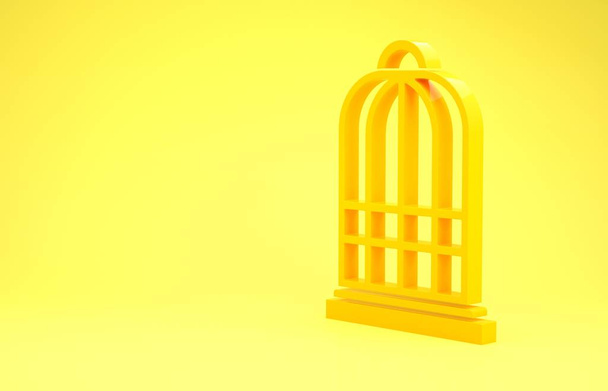 Žlutá klec pro ptáky ikona izolované na žlutém pozadí. Minimalismus. 3D ilustrace 3D vykreslení - Fotografie, Obrázek