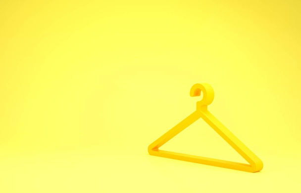 黄色の背景に隔離された黄色のハンガーワードローブアイコン。クロークルームのアイコン。衣類サービスのシンボル。洗濯ハンガーの看板。最小限の概念。3Dイラスト3Dレンダリング - 写真・画像