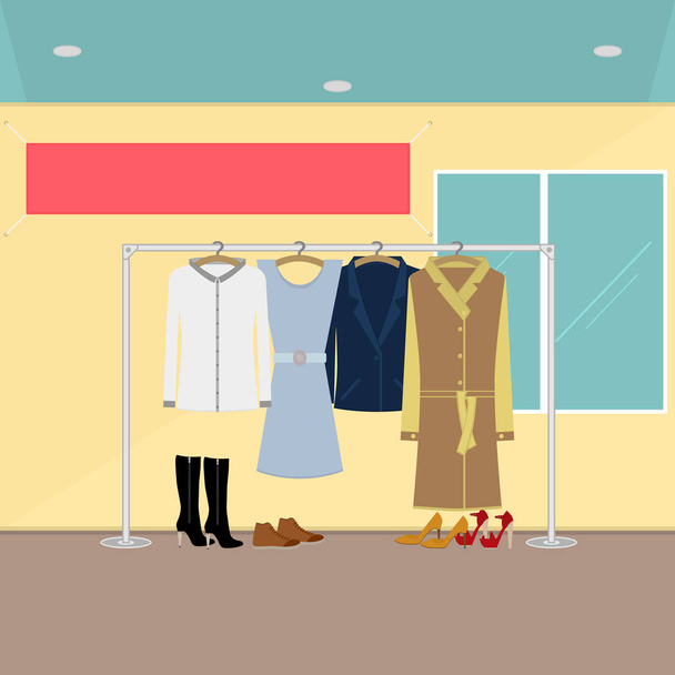 Women's clothing and shoes on a hanger in a store. Big banner on wall for text or inscription. Vector illustration in flat style. Sale, retail and action.  - Vector, Image