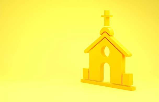 Žlutý kostel budova ikona izolované na žlutém pozadí. Christian Church. Náboženství církve. Minimalismus. 3D ilustrace 3D vykreslení - Fotografie, Obrázek