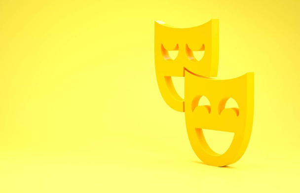 Comedia amarilla máscaras teatrales icono aislado sobre fondo amarillo. Concepto minimalista. 3D ilustración 3D render
 - Foto, imagen