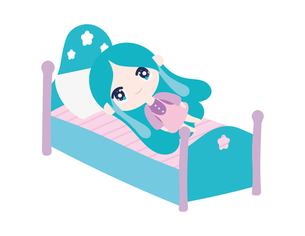 cute little girl cartoon in the bed with pillow - Vecteur, image