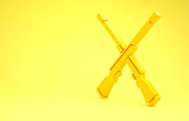 Yellow Two crossed shotguns icon isolated on yellow background. Hunting gun. Minimalism concept. 3d illustration 3D render - Φωτογραφία, εικόνα