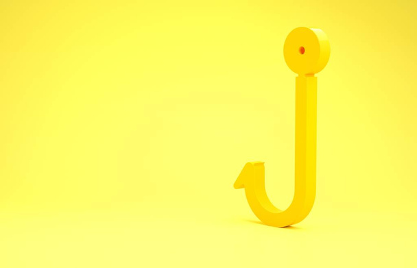 Yellow Fishing hook icon isolated on yellow background. Fishing tackle. Minimalism concept. 3d illustration 3D render - Photo, Image