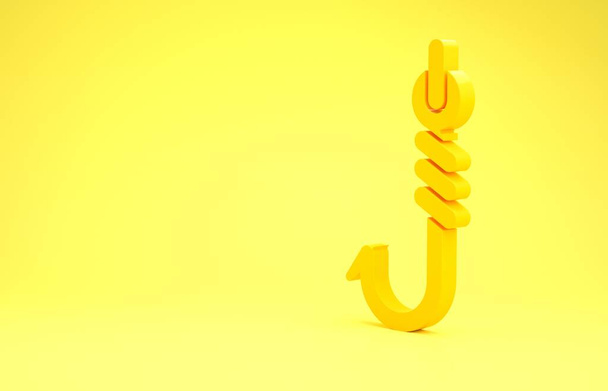 Icono de anzuelo amarillo aislado sobre fondo amarillo. Aparejos de pesca. Concepto minimalista. 3D ilustración 3D render
 - Foto, imagen