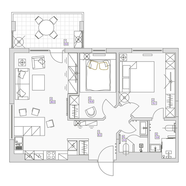 Fondo arquitectónico. Ilustración vectorial Eps10 Plan de vista superior de diseño de habitación plana
. - Vector, imagen